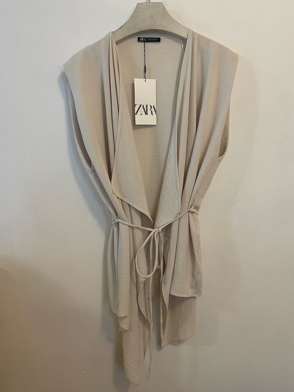 Zara Vest Asymmetrical Sleeveless Tie Front Beige Medium NWT
